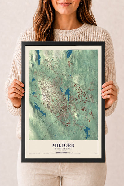 Milford, Massachusetts map print - 12 x 18 black Ayous wood frame
