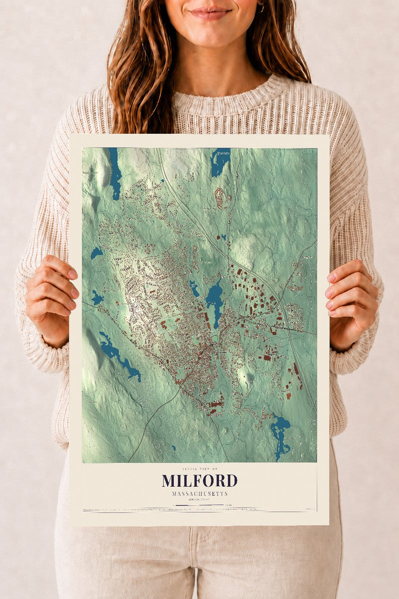 Milford, Massachusetts map print - 12 x 18 archival matte print