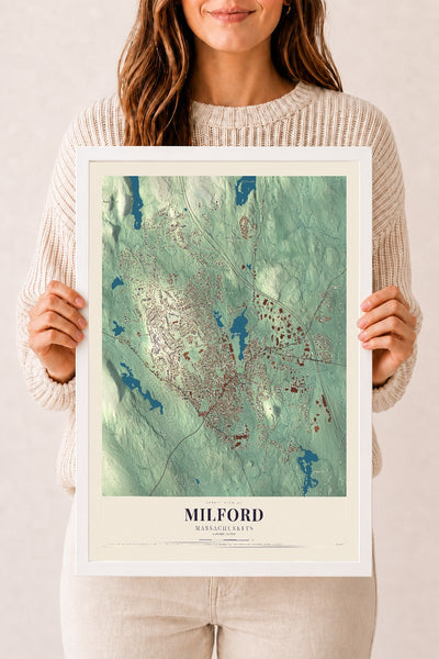 Milford, Massachusetts map print - 12 x 18 white Ayous wood frame