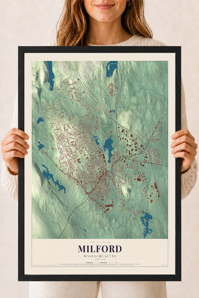 Milford, Massachusetts map print - 18 x 24 black Ayous wood frame