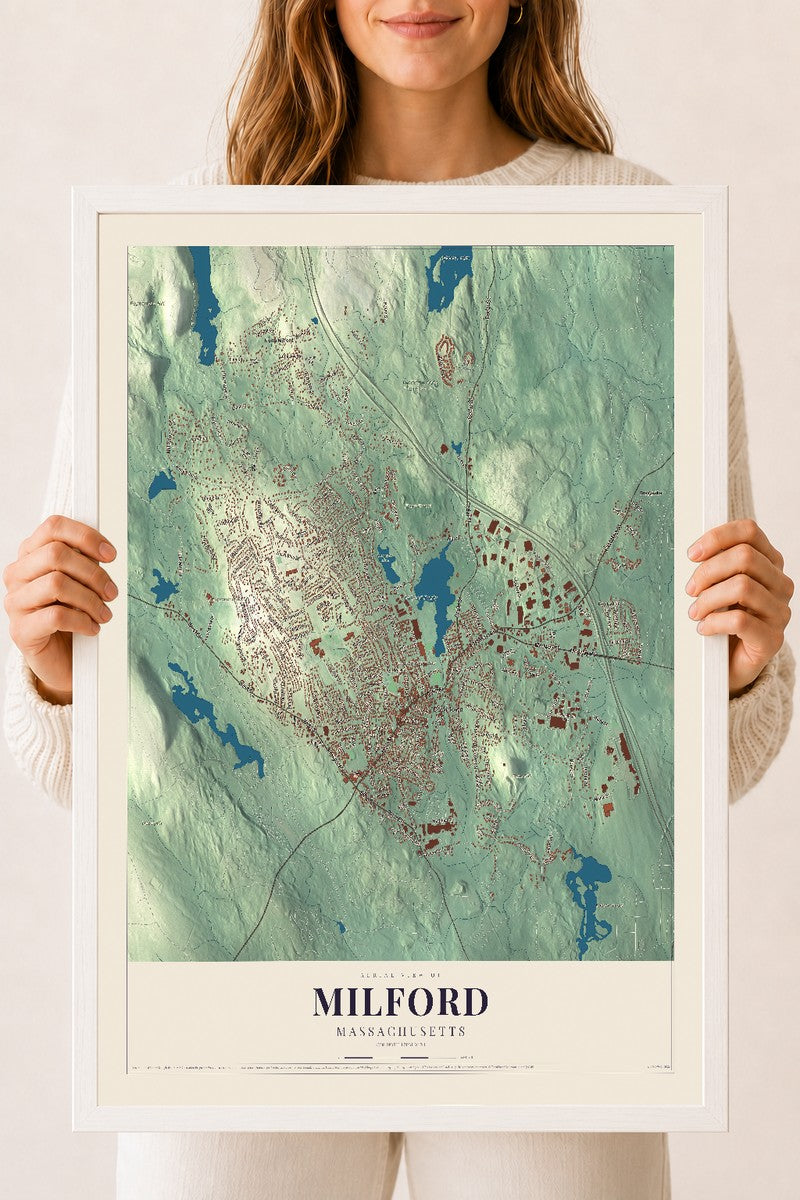 Milford, Massachusetts map print - 18 x 24 white Ayous wood frame