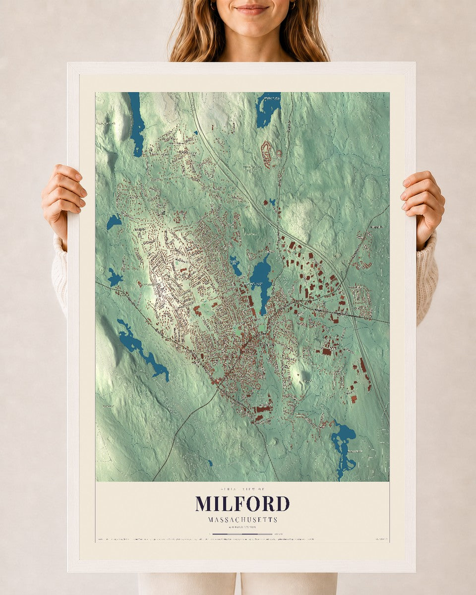 Milford, Massachusetts map print - 24 x 36 white Ayous wood frame
