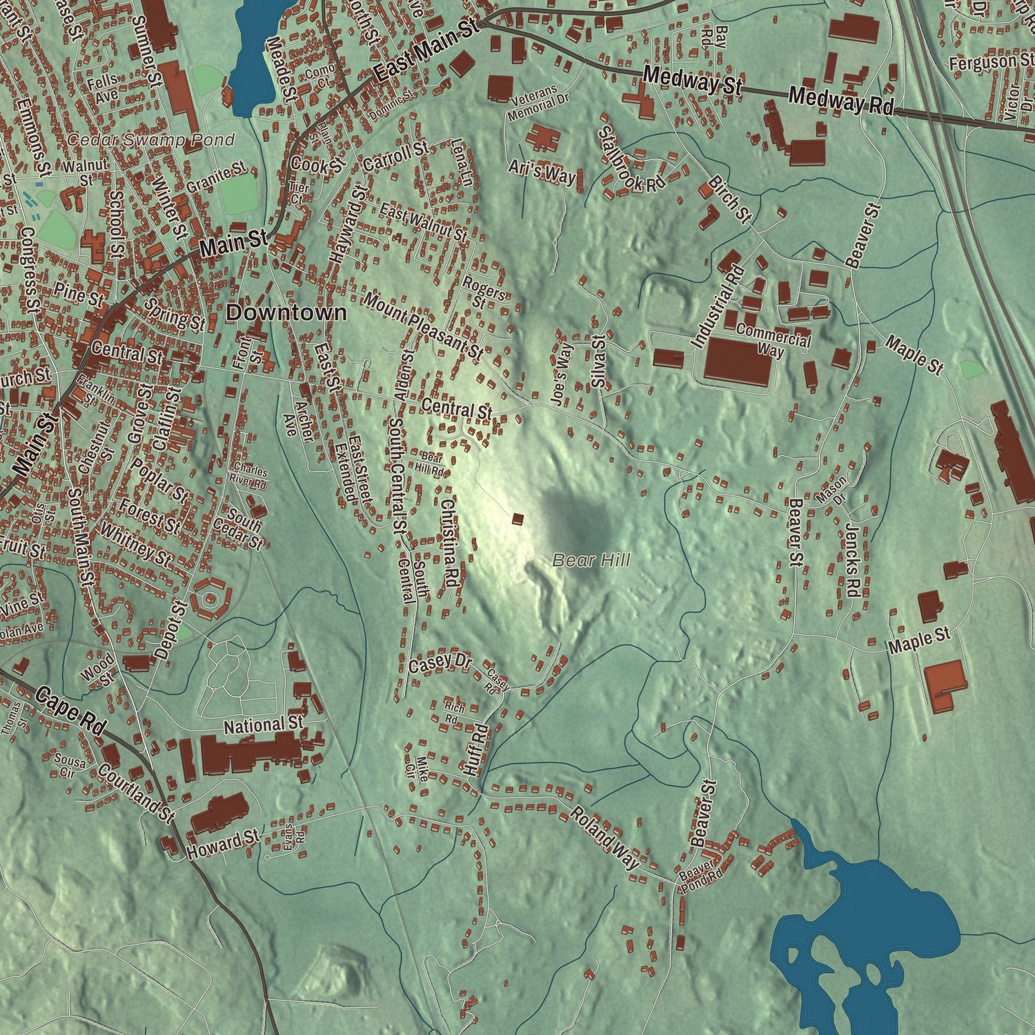 Terrain and local geography detail from the Milford, Massachusetts map