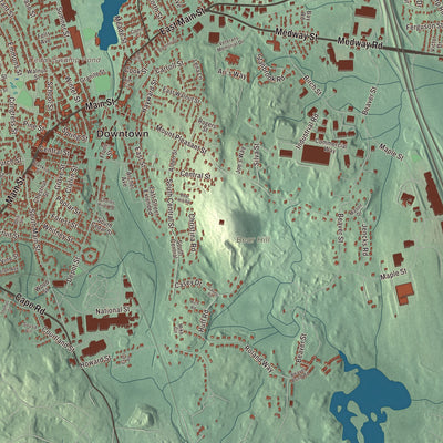 Terrain and local geography detail from the Milford, Massachusetts map
