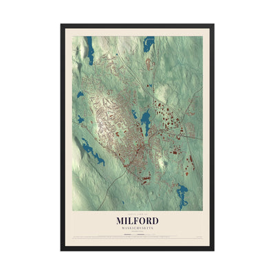 Map of Milford, Massachusetts, 12 x 18 inch print in a black wood frame