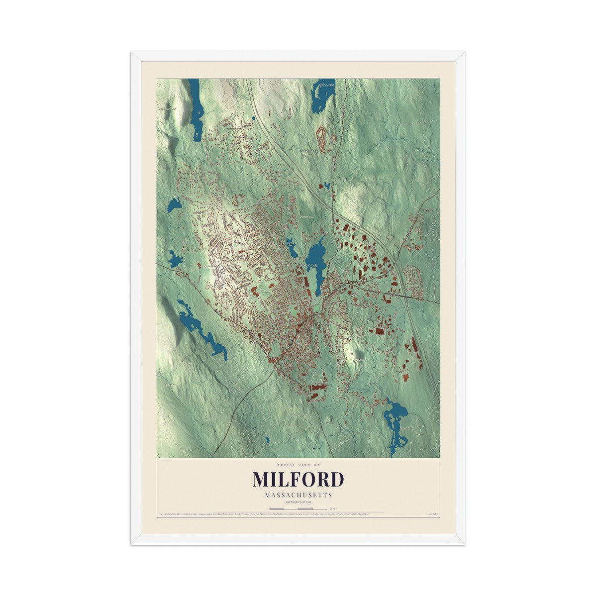 Map of Milford, Massachusetts, 12 x 18 inch print in a white wood frame