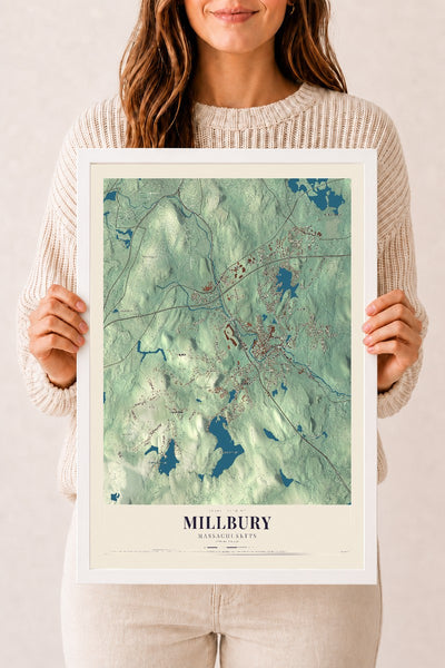 Millbury, Massachusetts map print - 12 x 18 white Ayous wood frame