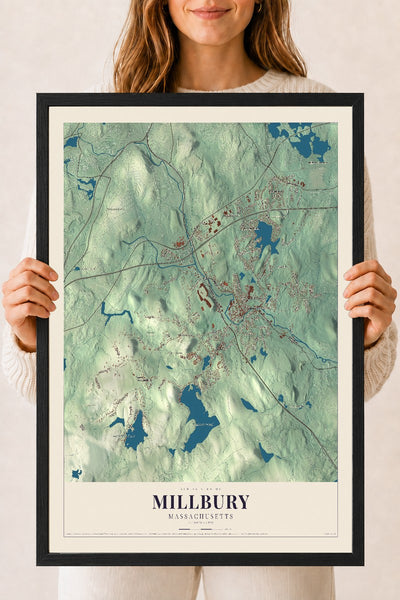 Millbury, Massachusetts map print - 18 x 24 black Ayous wood frame