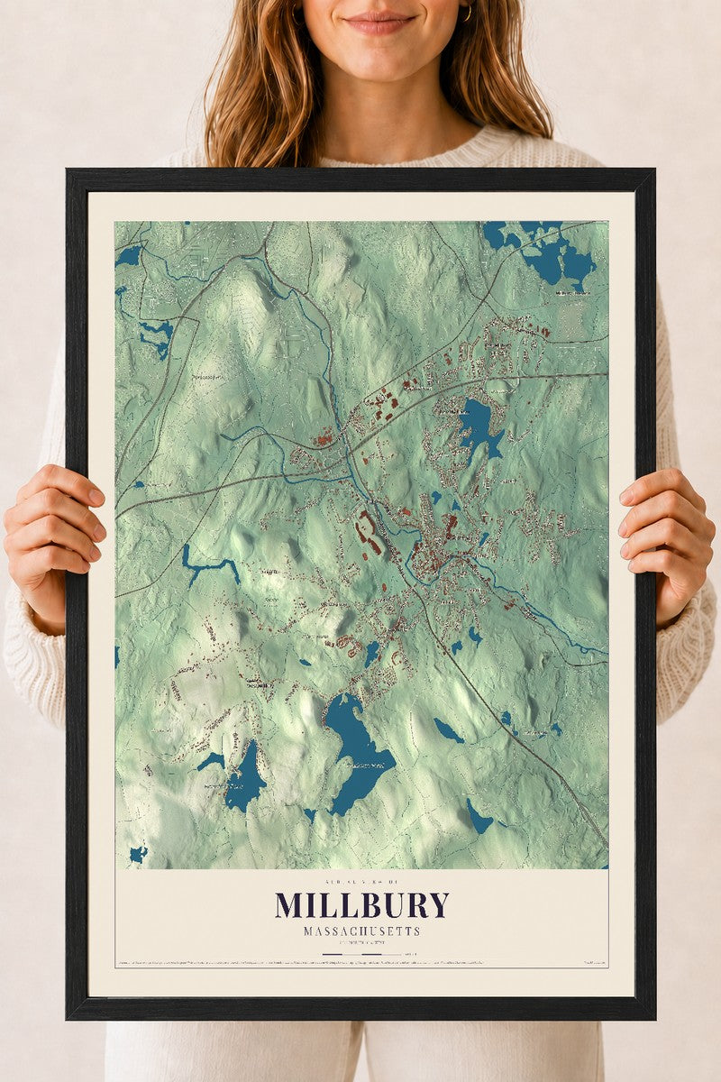 Millbury, Massachusetts map print - 18 x 24 black Ayous wood frame