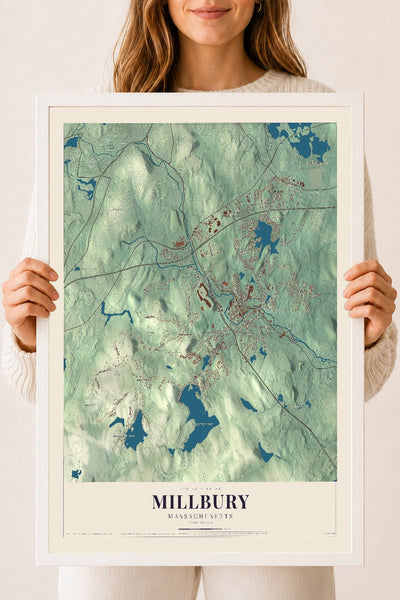 Millbury, Massachusetts map print - 18 x 24 white Ayous wood frame