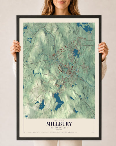 Millbury, Massachusetts map print - 24 x 36 black Ayous wood frame