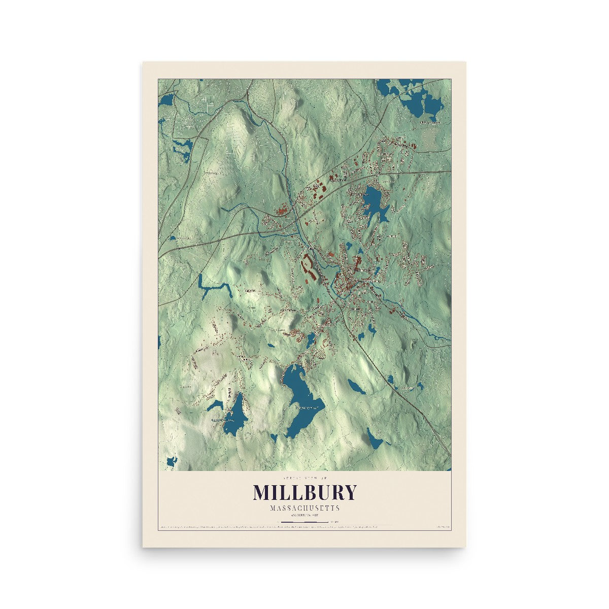 Map of Millbury, Massachusetts, 12 x 18 inch unframed archival matte print