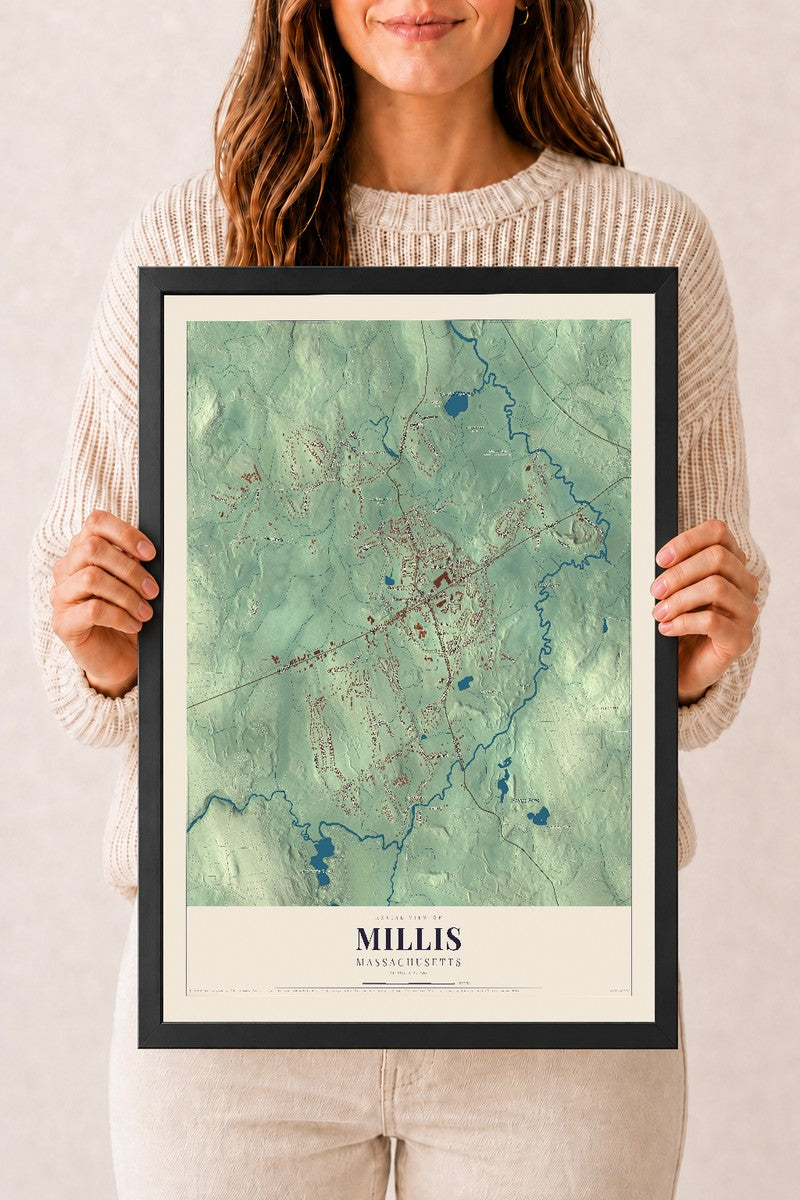 Millis, Massachusetts map print - 12 x 18 black Ayous wood frame