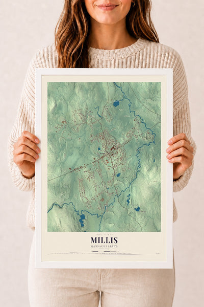 Millis, Massachusetts map print - 12 x 18 white Ayous wood frame