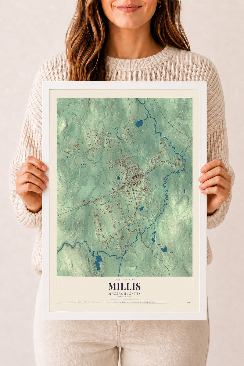Millis, Massachusetts map print - 12 x 18 white Ayous wood frame