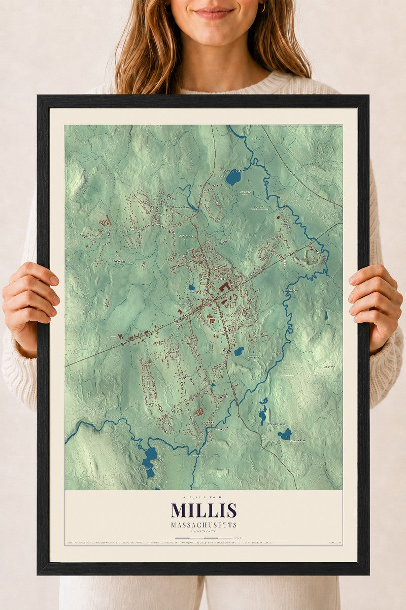 Millis, Massachusetts map print - 18 x 24 black Ayous wood frame