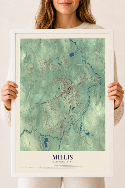 Millis, Massachusetts map print - 18 x 24 white Ayous wood frame