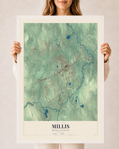 Millis, Massachusetts map print - 24 x 36 white Ayous wood frame
