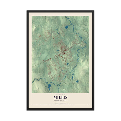 Map of Millis, Massachusetts, 12 x 18 inch print in a black wood frame