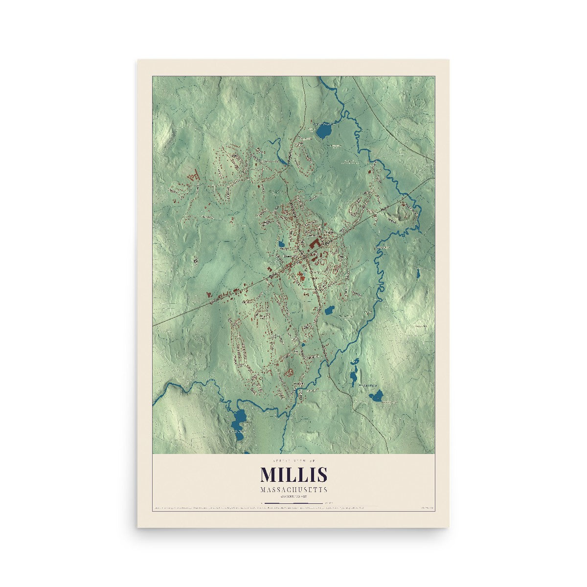 Map of Millis, Massachusetts, 12 x 18 inch unframed archival matte print