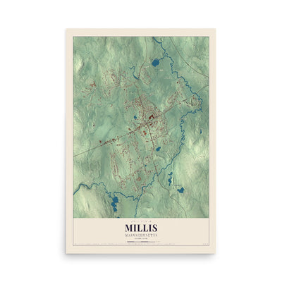 Map of Millis, Massachusetts, 12 x 18 inch unframed archival matte print
