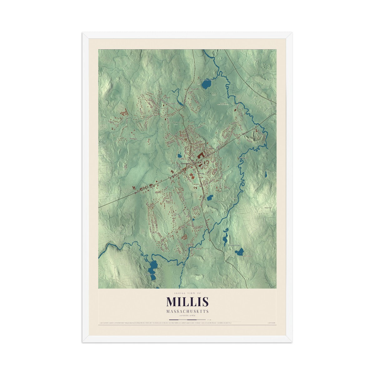Map of Millis, Massachusetts, 12 x 18 inch print in a white wood frame