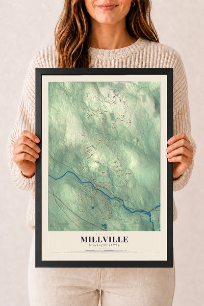 Millville, Massachusetts map print - 12 x 18 black Ayous wood frame