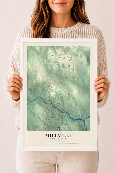 Millville, Massachusetts map print - 12 x 18 white Ayous wood frame