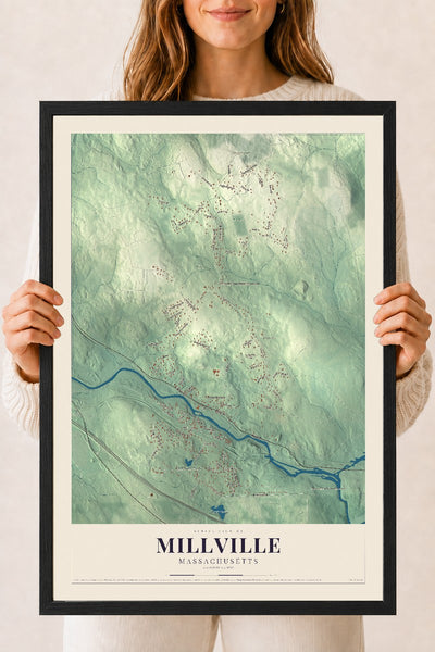 Millville, Massachusetts map print - 18 x 24 black Ayous wood frame