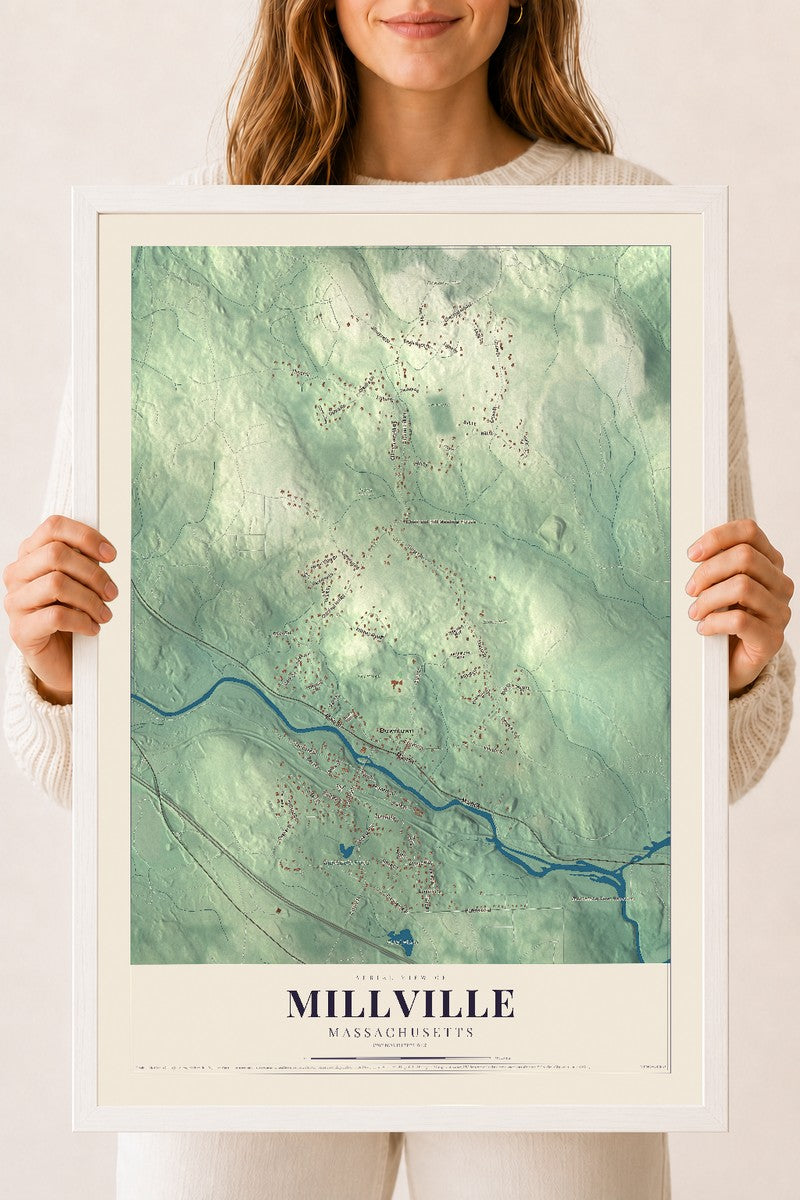 Millville, Massachusetts map print - 18 x 24 white Ayous wood frame