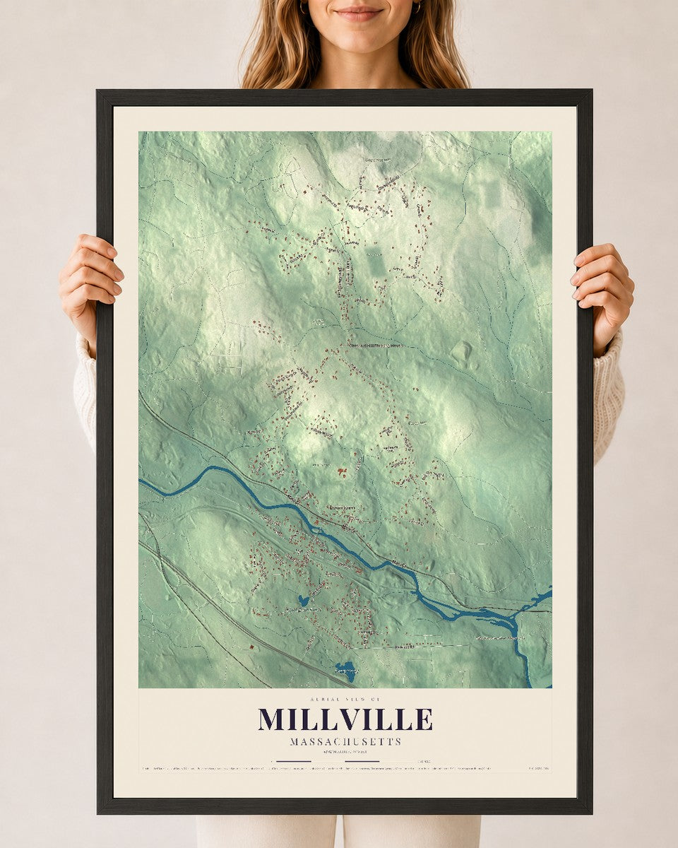 Millville, Massachusetts map print - 24 x 36 black Ayous wood frame