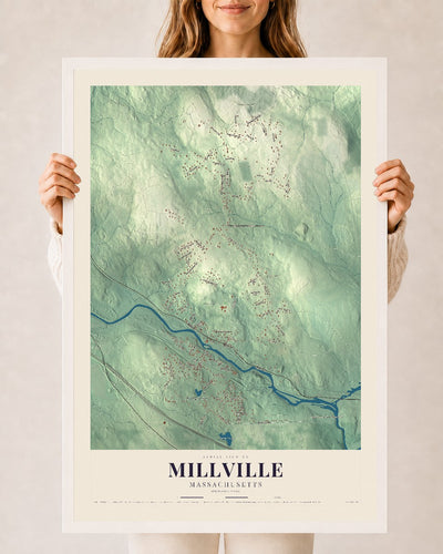Millville, Massachusetts map print - 24 x 36 white Ayous wood frame