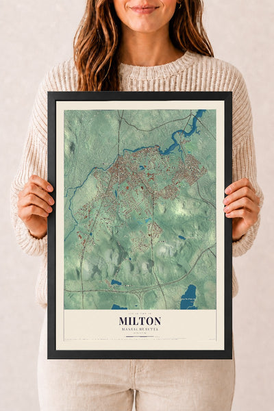 Milton, Massachusetts map print - 12 x 18 black Ayous wood frame
