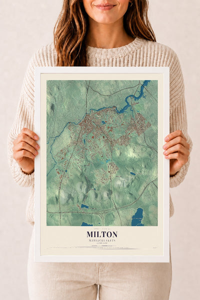 Milton, Massachusetts map print - 12 x 18 white Ayous wood frame