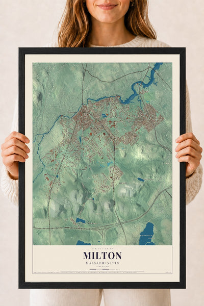 Milton, Massachusetts map print - 18 x 24 black Ayous wood frame