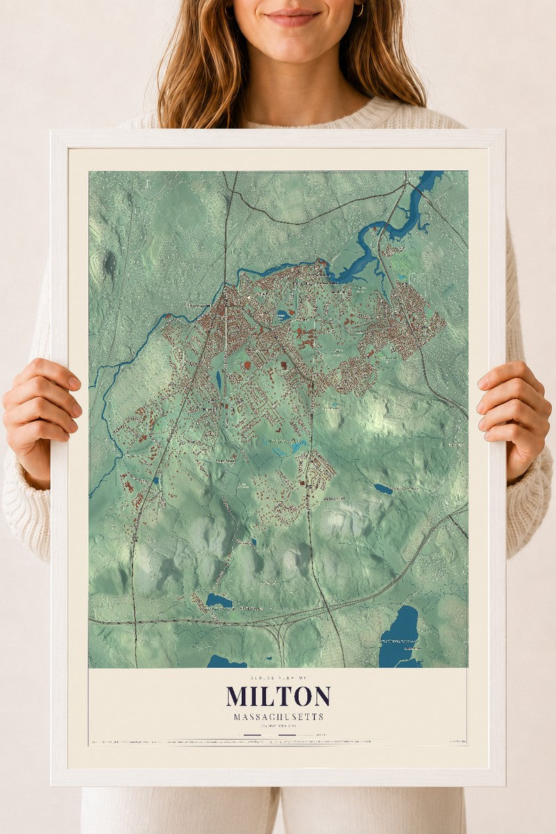 Milton, Massachusetts map print - 18 x 24 white Ayous wood frame