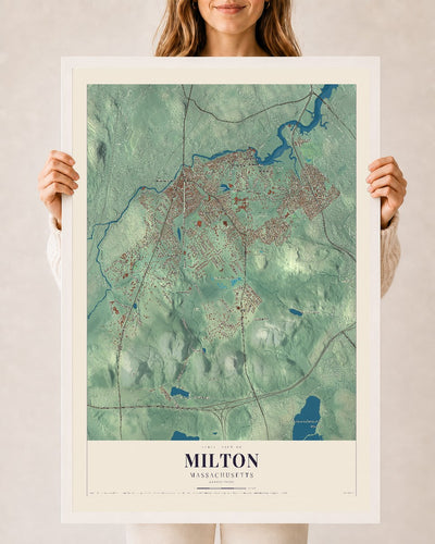 Milton, Massachusetts map print - 24 x 36 white Ayous wood frame