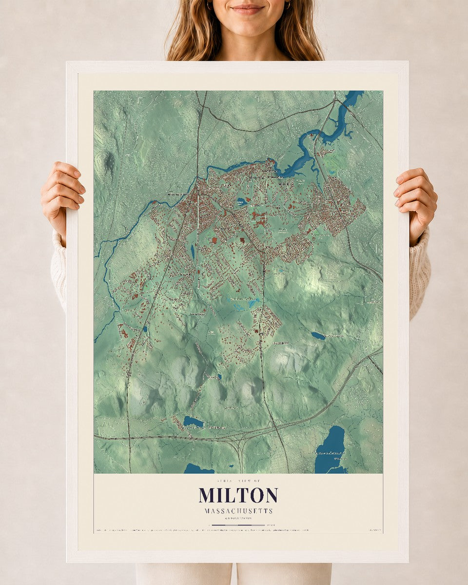 Milton, Massachusetts map print - 24 x 36 white Ayous wood frame