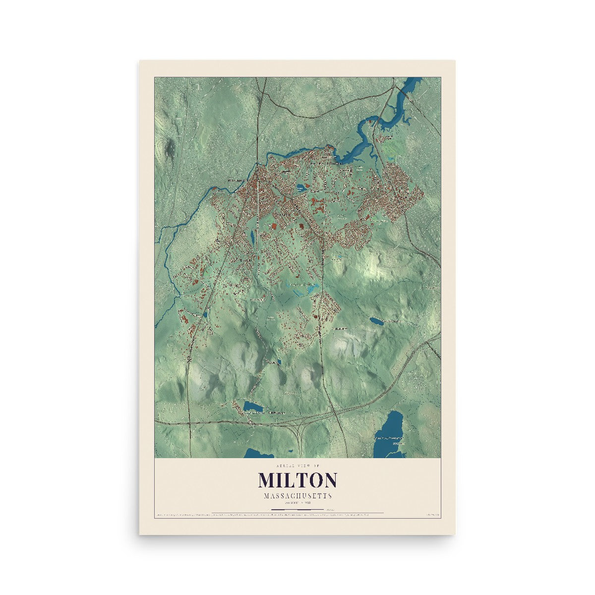 Map of Milton, Massachusetts, 12 x 18 inch unframed archival matte print
