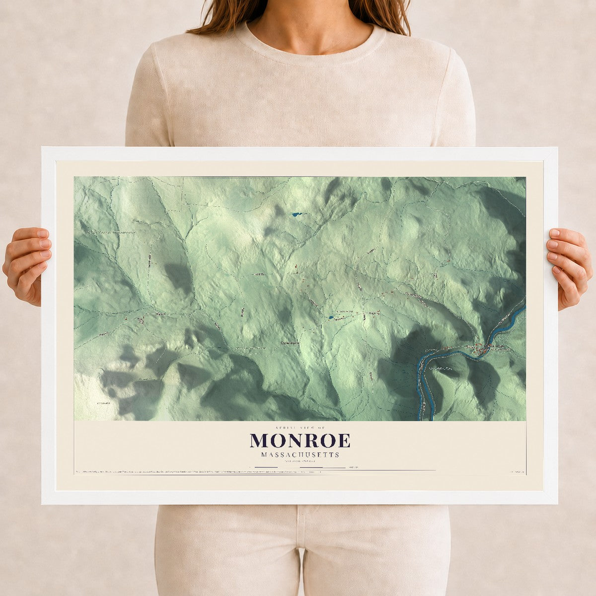 Monroe, Massachusetts map print - 12 x 18 white Ayous wood frame