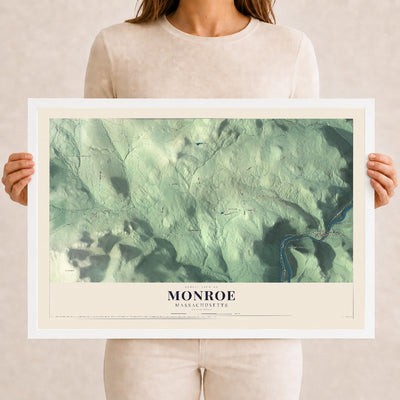 Monroe, Massachusetts map print - 12 x 18 white Ayous wood frame