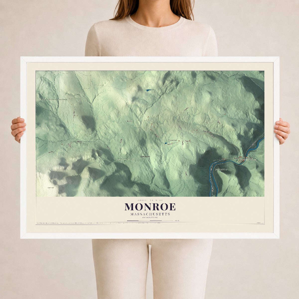 Monroe, Massachusetts map print - 24 x 36 white Ayous wood frame