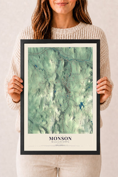 Monson, Massachusetts map print - 12 x 18 black Ayous wood frame