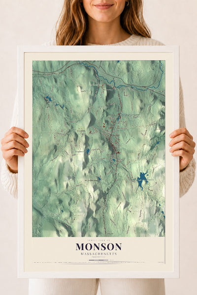 Monson, Massachusetts map print - 18 x 24 white Ayous wood frame