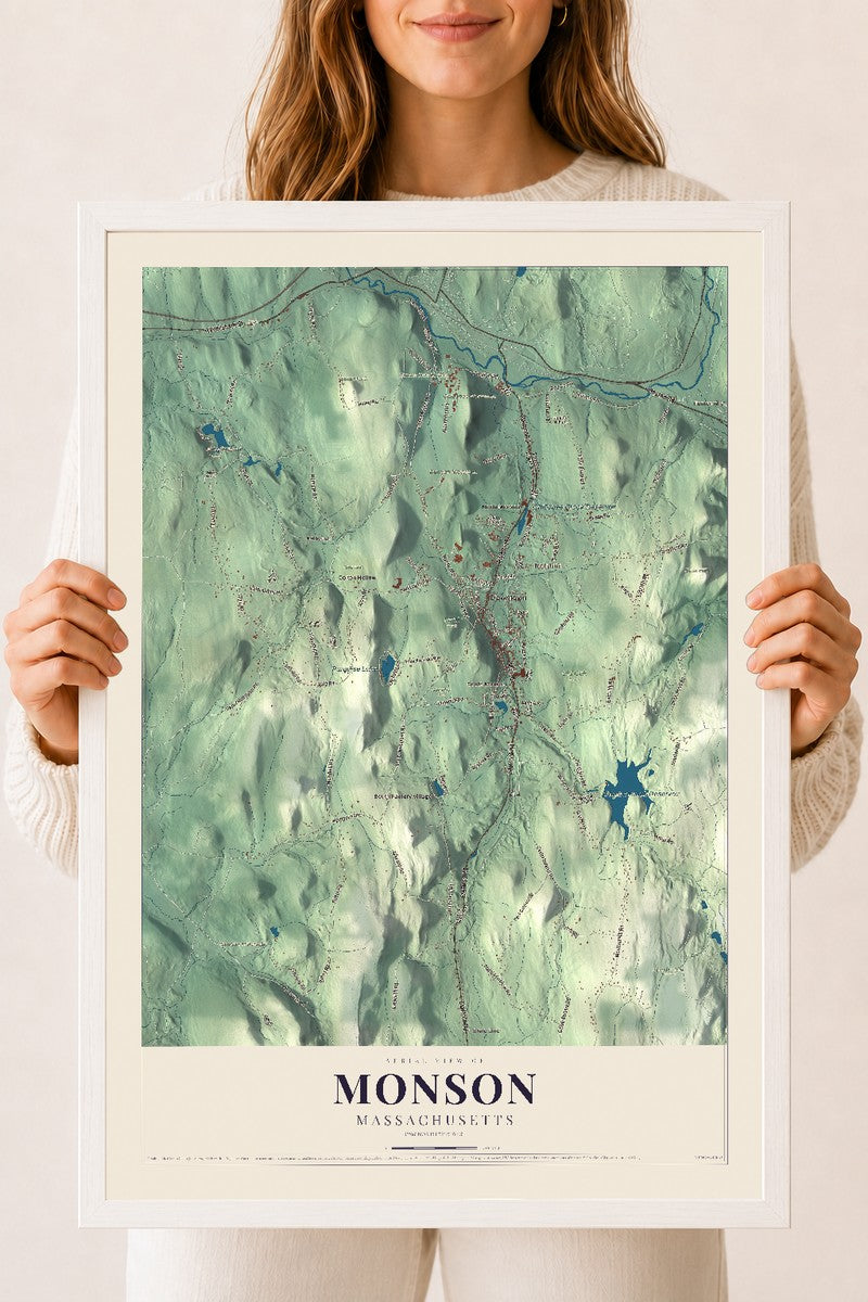 Monson, Massachusetts map print - 18 x 24 white Ayous wood frame