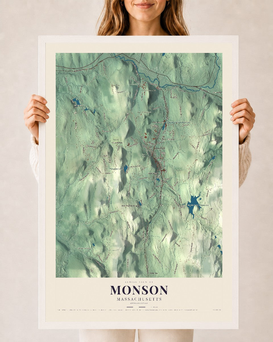 Monson, Massachusetts map print - 24 x 36 white Ayous wood frame
