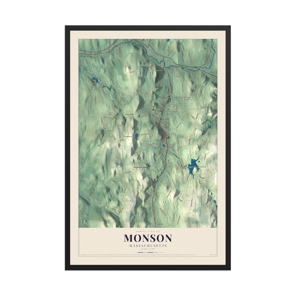 Map of Monson, Massachusetts, 12 x 18 inch print in a black wood frame