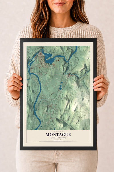 Montague, Massachusetts map print - 12 x 18 black Ayous wood frame