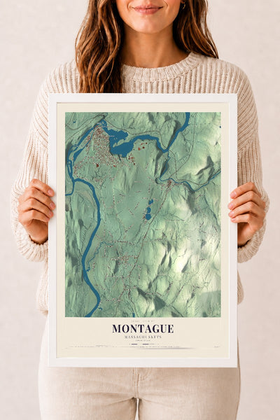 Montague, Massachusetts map print - 12 x 18 white Ayous wood frame