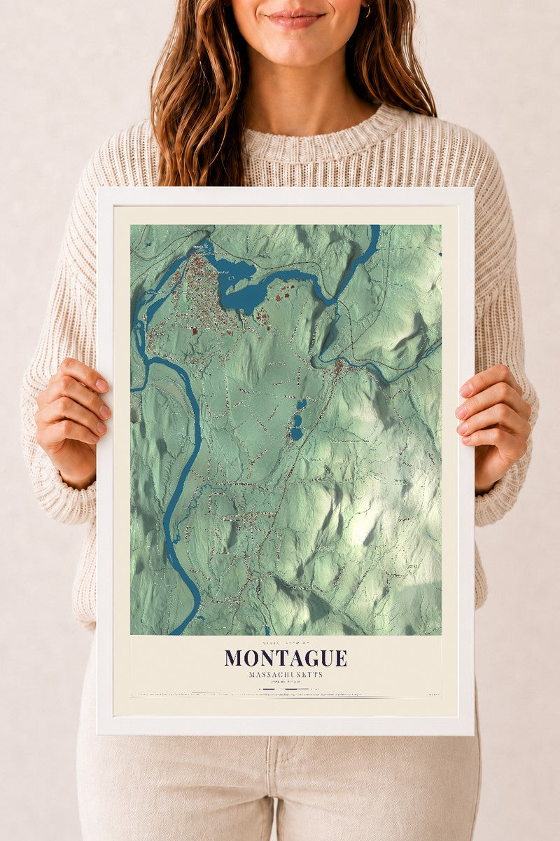 Montague, Massachusetts map print - 12 x 18 white Ayous wood frame